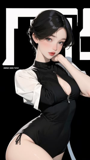 1girl, looking at viewer, thigh up body, sexy and elegant, black background, cutout clothing, hairstyle, cinematic composition, styled clothes,  ultra detailed, best quality, sharp focus, magazine cover, outline, 2D artstyle, htt