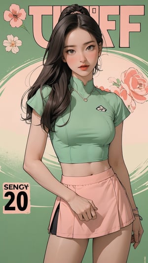 1girl, standing, thigh up body, ((looking at viewer, tennis girl outfit, miniskirt, midriff,)) 2D artstyle, magazine cover, outline, earings, blush, green background, hairstyle, ultra detailed, best quality, sharp focus,rosé,jisoo,shuhua,kn