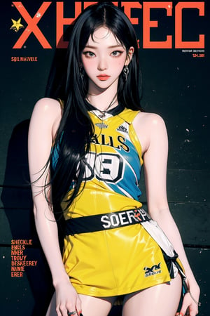 1girl, ((basketball girl outfit,)) thigh up, detailed clothes, earrings, looking at viewer, aespakarina, magazine cover,