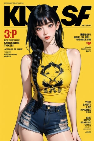 1girl, thigh up body, detailed clothes, kpop idol, middle length hair, 2_braided_hair, blunt bangs, shorts, looking at viewer, sharp focus, magazine cover, yellow background, ((outline,)) chimai, aespakarina,sanatw