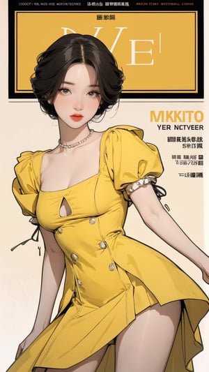 1girl, looking at viewer, thigh up body, sexy and elegant, yellow background, cutout clothing, hairstyle, cinematic composition, styled clothes,  ultra detailed, best quality, sharp focus, magazine cover, outline, 2D artstyle, htt