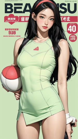 1girl, standing, thigh up body, hairband, ((looking at viewer, tennis girl outfit,)) 2D artstyle, magazine cover, outline, earings, blush, green background, hairstyle, ultra detailed, best quality, sharp focus, kmiu,sim,haohaoulz,aespawinter,huondey,seolhuyn