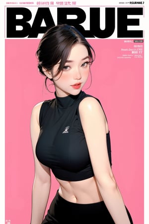 1girl, thigh up body, looking at viewer, styled clothes, turtle neck croptop, sleeveless, sharp focus, magazine cover, coloful background, 2D artstyle, outline, 

chimai,hine,hakil,yuong01,johyun,sim,haohaoulz,kn,htt