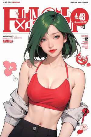 mature, lustful, allure, 1girl, green hair, red lips, eye_lens, detailed and styled clothes, styled top bikini, croptop hoodie, medium breasts, skirt, looking at viewer, best quality, masterpiece, sharp focus, hakil, magazine cover, ((outline, 2D manga artstyle,))