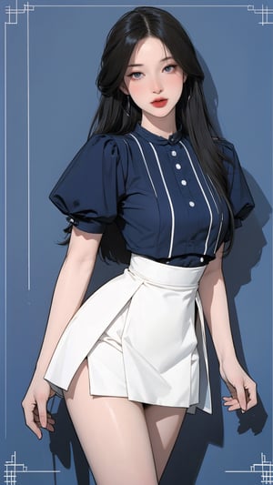 1girl, looking at viewer, thigh up body, stocking, earings, elegant, allure emotion, nsfw, blue background, hairstyle, styled clothes, cutout clothes, dynamic composition, ultra detailed, best quality, sharp focus, magazine cover, outline, 2D artstyle,aespakarina,htt