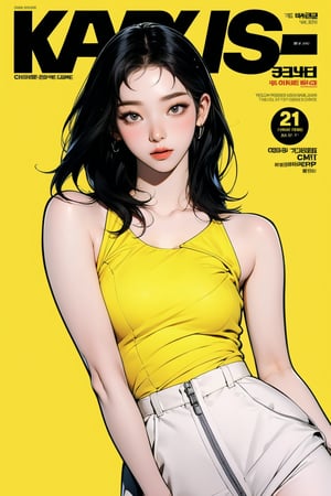 1girl, thigh up body, detailed clothes, kpop idol outfit, styled, medium hair, hairtie, looking at viewer, sharp focus, magazine cover, yellow background, ((outline,)) chimai, aespakarina,sanatw