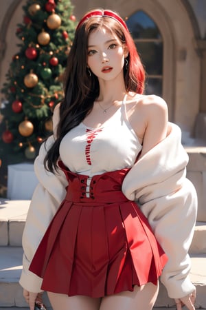 1girl, masterpiece, high detailed, realistic, digital art, beautiful girl, christmas, christmas girl costume, thighs up body, cropped clothes, skirt, red green and white theme, aespakarina, aespakarina, 1girl, detailed beautiful face, detailed beautiful eyes, sharp focus, hair band, ,sanatw,1 girl