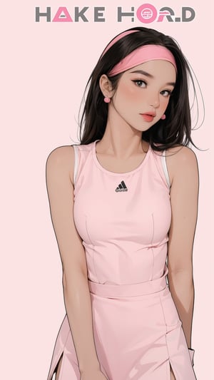 1girl, ((thigh up body,)) magazine cover, outline, 2.5D artstyle, tennis girl outfit, hairband, looking at viewer, earings, blush, pink background, hairstyle, detailed clothes, sleeveless, ultra detailed, best quality, sharp focus, chimai,