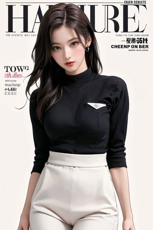 1girl, thigh up body, maid outfit, long hair, looking at viewer, detailed clothes, earrings, sanatw, magazine cover, 