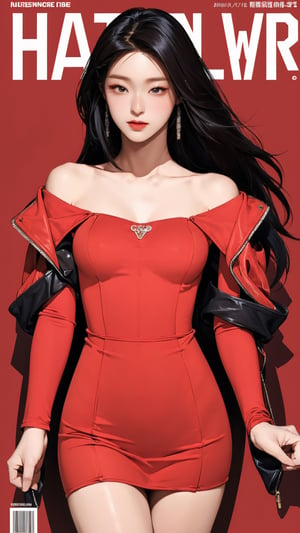 1girl, attendant, looking at viewer, thigh up body, stocking, earings, elegant, blush, red background, hairstyle, styled clothes, cinematic composition, ultra detailed, best quality, sharp focus, magazine cover, outline, 2D artstyle, seolhuyn