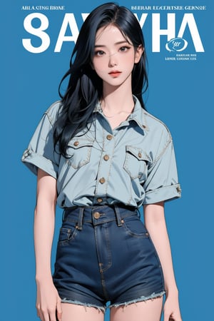 1girl, thigh up, looking at viewer, detailed clothes, strap shirt, accurate color reproduction, best quality, professionally color graded, artwork, blurring effect, professional lighting, sanatw, magazine cover, blue background, jisoo