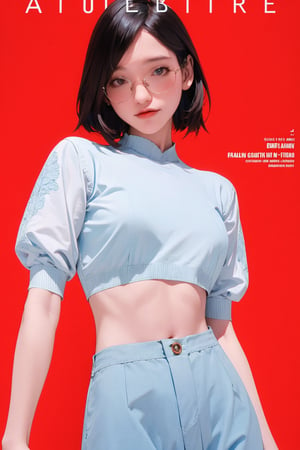 allure, lustful, 1girl, thigh up body, looking at viewer, translucent, intricate clothes, cutout clothes, ((blue white clothes)), cinematic lighting, hairstyle, magazine cover, red background, hakil, eyeglasses,