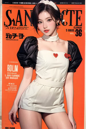 1girl, thigh up body, maid outfit, looking at viewer, detailed clothes, earrings, sanatw, magazine cover, 