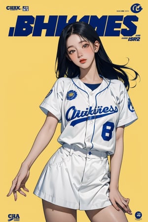 1girl, thigh up, looking at viewer, detailed clothes, baseball girl outfit, accurate color reproduction, best quality, professionally color graded, artwork, blurring effect, professional lighting, sanatw, magazine cover, yellow background, jisoo,chimai,miyeon,aespakarina