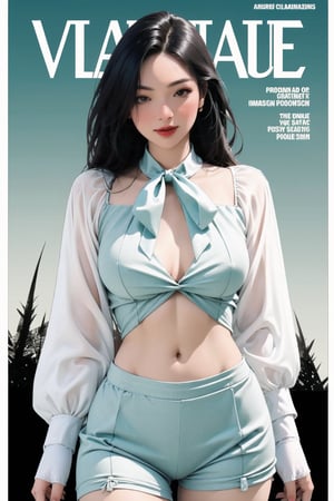 lustful, allure, sexy, 1girl, thigh up body, detailed beautiful face, detailed beautiful eyes, looking at viewer, translucent, intricate clothes, cutout clothes, navel cutout, cinematic lighting, different hairstyle, magazine cover, green background, sim