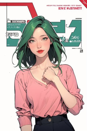 mature, lustful, allure, 1girl, green hair, red lips, eye_lens, detailed and styled clothes, styled shirt, medium breasts, skirt, looking at viewer, best quality, masterpiece, sharp focus, hakil, magazine cover, ((outline, 2D manga artstyle,))