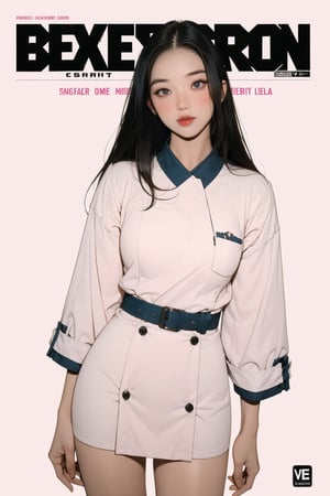 1girl, thigh up, looking at viewer, detailed clothes, accurate color reproduction, best quality, professionally color graded, artwork, blurring effect, professional lighting, sanatw, magazine cover, pink background, jisoo,chimai