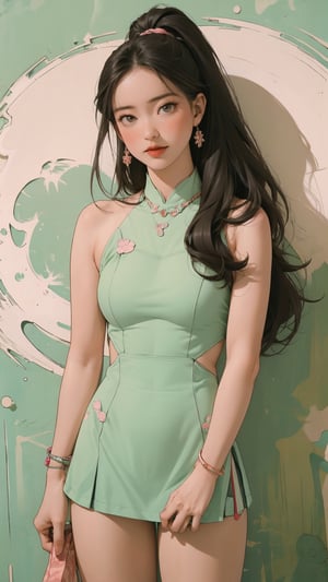 1girl, standing, thigh up body, ((looking at viewer, tennis girl outfit,)) 2D artstyle, magazine cover, outline, earings, blush, green background, hairstyle, ultra detailed, best quality, sharp focus,rosé,jisoo,shuhua,kn