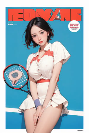 nsfw, ((tennis girl outfit,)) 1girl, blush, thigh up, looking straight at viewer, earrings, magazine cover, 2D manga artstyle, outline, blue background, hine