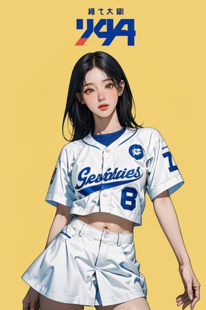 1girl, thigh up, looking at viewer, detailed clothes, baseball girl outfit, accurate color reproduction, best quality, professionally color graded, artwork, blurring effect, professional lighting, sanatw, magazine cover, yellow background, jisoo,chimai,miyeon,aespakarina