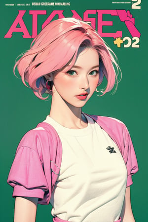 tennis girl outfit, 1girl, standing, pink hair, looking at viewer, hairstyle, detailed clothes, earrings, sanatw, magazine cover, green background, 2D artstyle,