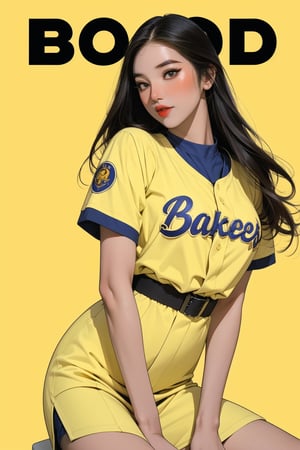 1girl, thigh up, looking at viewer, detailed clothes, baseball girl outfit, accurate color reproduction, best quality, professionally color graded, artwork, blurring effect, professional lighting, sanatw, magazine cover, yellow background, jisoo,chimai,miyeon,aespakarina