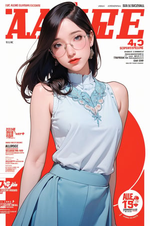 allure, lustful, 1girl, thigh up body, looking at viewer, translucent, intricate clothes, cutout clothes, ((blue white clothes, sleeveless, skirt,)), cinematic lighting, hairstyle, magazine cover, red background, hakil, eyeglasses,