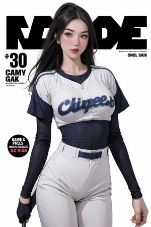 1girl, thigh up body, ((baseball girl outfit,)) standing, hairstyle, looking at viewer, detailed clothes, earrings, magazine cover, chimai