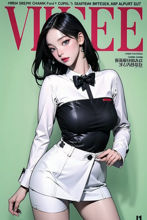 allure, 1girl, ((flight attendant outfit,)) thigh up body, styled detailed clothes, looking at viewer, sharp focus, magazine cover, green background,
chimai,aespakarina