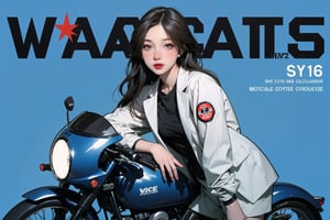 1girl, thigh up body, looking at viewer, cat, motorcycle, jacket, helmet, magazine cover, intricate clothes, cutout clothes, cinematic lighting, different hairstyle, blue background, htt