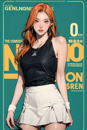 tennis girl outfit, 1girl, thigh up body, orange hair, looking at viewer, hairstyle, detailed clothes, earrings, sanatw, magazine cover, green background,