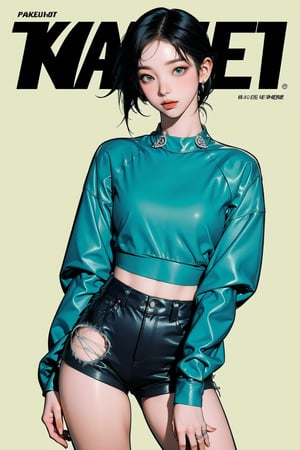 1girl, thigh up body, detailed clothes, kpop idol, hairstyle, croptop, looking at viewer, sharp focus, magazine cover, green background, ((outline,)) chimai, aespakarina,sanatw