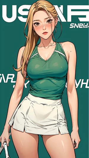 1girl, standing, thigh up body, ((looking at viewer, tennis girl outfit, center opening,)) 2D artstyle, magazine cover, outline, earings, blush, green background, hairstyle, ultra detailed, best quality, sharp focus, ,DiaSondef,sophiesw