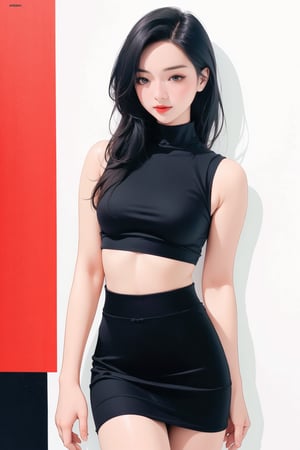 1girl, thigh up, standing, looking at viewer, detailed clothes, styled cutout turtleneck body shirt, sleeveless, miniskirt, accurate color reproduction, best quality, professionally color graded, professional lighting, sanatw, magazine cover, jisoo,chimai,miyeon,aespakarina,hakil,QA,sim