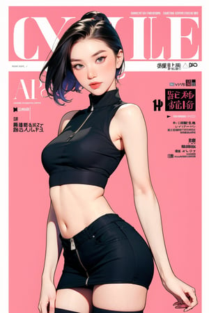 1girl, standing, looking at viewer, styled clothes, turtle neck croptop, sleeveless, zipped mini skirt, thighhighs, hairstyle, sharp focus, magazine cover, coloful background, 2D artstyle, outline, chimai,