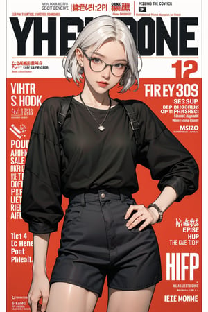 1girl, white hair, bracelets, ((thigh up body, standing,)) looking at viewer, hairstyle, earrings, intricate background, magazine cover, headphone, eyeglasses, mthanhh