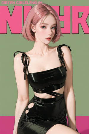 lustful, allure, sexy, sport_girl, 1girl, pink hair, thigh up body, looking at viewer, translucent, intricate clothes, cutout clothes, cinematic lighting, different hairstyle, magazine cover, green background,  kmiu