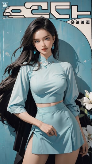 1girl, looking at viewer, thigh up body, sexy and elegant, cyan background, hairstyle, dynamic composition, styled clothes, cutout clothing, ((shirt, miniskirt,)) ultra detailed, best quality, sharp focus, aespakarina, magazine cover, outline, 2D art, chimai,htt,sim,huondey,kn