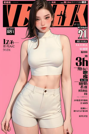 1girl, thigh up body, looking at viewer, styled clothes, turtle neck croptop, sleeveless, sharp focus, magazine cover, coloful background, 2D artstyle, outline, 

chimai,hine,hakil,yuong01,johyun,sim,haohaoulz,kn,htt