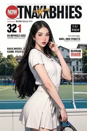 1girl, tennis girl outfit, standing, looking at viewer, detailed clothes, earrings, magazine cover, chimai