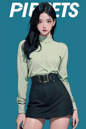 1girl, thigh up body, standing, looking at viewer, detailed clothes, turtle neck shirt, miniskirt, accurate color reproduction, best quality, professionally color graded, artwork, blurring effect, professional lighting, sanatw, magazine cover, green background, jisoo