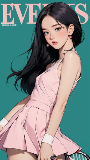 1girl, standing, thigh up body, ((looking at viewer, tennis girl outfit,)) 2D artstyle, magazine cover, outline, earings, blush, green background, hairstyle, ultra detailed, best quality, sharp focus,rosé,jisoo