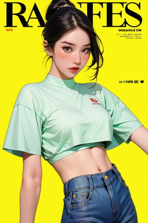 1girl, thigh up body, detailed clothes, kpop idol, hairstyle, croptop, boyfriend_jeans, looking at viewer, sharp focus, magazine cover, yellow background, ((outline,)) chimai, aespakarina,sanatw