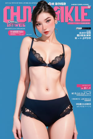 1girl, thigh up body, detailed clothes, bralette model, looking at viewer, sharp focus, magazine cover, blue background, ((outline,)) chimai,