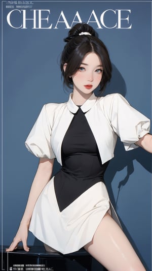 1girl, looking at viewer, thigh up body, sexy and elegant, blue background, cutout clothing, hairstyle, cinematic composition, styled clothes,  ultra detailed, best quality, sharp focus, magazine cover, outline, 2D artstyle, htt