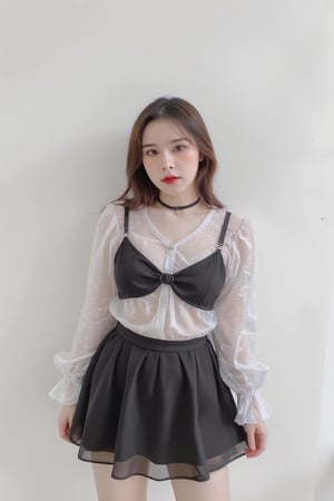 portrait, 1girl, thigh up, light make up, styled shirt, skirt, piercing, looking at viewer, make up, choker, hairstyled, white background, highres, accurate color reproduction, sharp focus, 
aespakarina, chimai,Enhanced all,charcoal \(medium\),yuongg,hine,hakil,haoulz