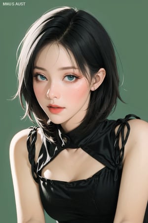 lustful, allure, sexy, 1girl, thigh up body, detailed beautiful face, detailed beautiful eyes, looking at viewer, translucent, intricate clothes, cutout clothes, cinematic lighting, different hairstyle, magazine cover, green background, sim, kmiu