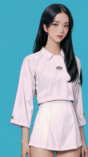 1girl, standing, thigh up body, ((looking at viewer, tennis girl outfit,)) 2D artstyle, magazine cover, outline, earings, blush, green background, hairstyle, ultra detailed, best quality, sharp focus,rosé,jisoo