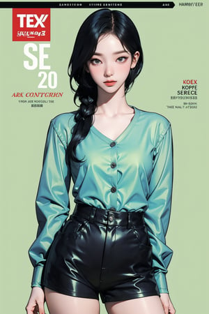 1girl, thigh up body, detailed clothes, kpop idol, hairstyle, tight long sleeves v_neck button shirt, shorts, looking at viewer, sharp focus, magazine cover, green background, ((outline,)) chimai, aespakarina,sanatw