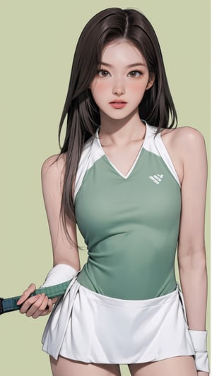 1girl, standing, thigh up body, ((looking at viewer, tennis girl outfit, center opening,)) 2D artstyle, magazine cover, outline, earings, blush, green background, hairstyle, ultra detailed, best quality, sharp focus, ,DiaSondef,sophiesw,Mia ,Anna ,mthanhh,minatw,momo,sanatw